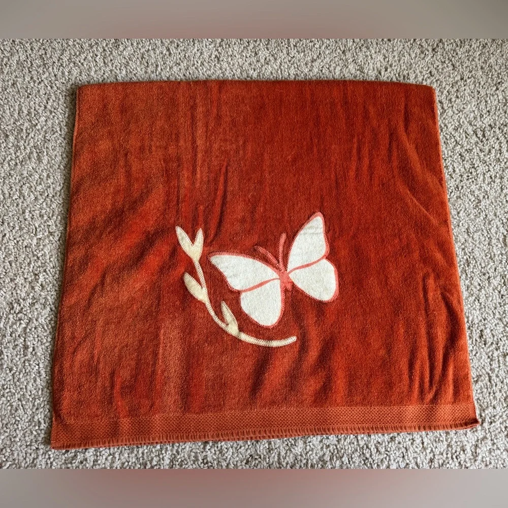 Vintage Orange Bath Towel with Cream Butterfly